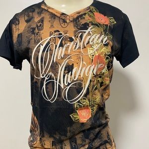 Christian Audigier Women Rhinestone Black Shirt